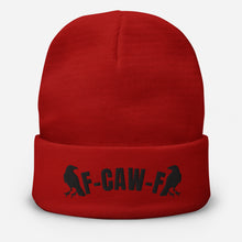Load image into Gallery viewer, Red beanie with black text and Crow graphics on a white background