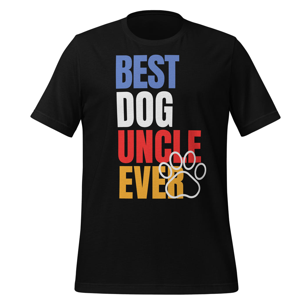 Black t-shirt with 'BEST DOG UNCLE EVER' text in multicolor on a white background