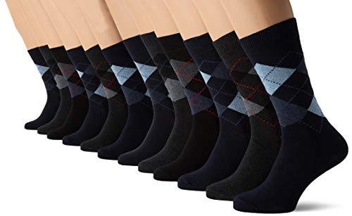 FM London 12-Pack Men’s Smart Breathable Socks, Black (Argyle), 6-11 UK
