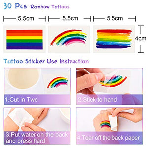 Whaline Rainbow Thick Knee High Socks Stripe Arm Warmer Gloves with 30 Pcs Gay Pride Tattoos for Women Girls Cosplay Party Accessory Parade Decoration, Rainbow Color, M