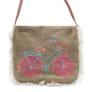 Jute Bag Fab Fringe Bag - Bicycle Embroidery - J and p hats Jute Bag Fab Fringe Bag - Bicycle Embroidery