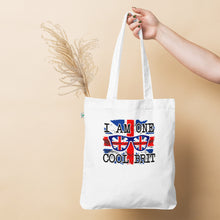 Load image into Gallery viewer, Organic fashion tote bag,  cool Brit logo tote bag | j and p hats 