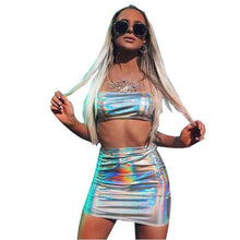 Load image into Gallery viewer, rave two piece set club outfits Festival clothing Holographic strapless crop top and skirt set-J and p hats -
