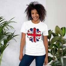Load image into Gallery viewer, Union Jack t-shirt flower pattern, custom ladies t-shirt | j and p hats 