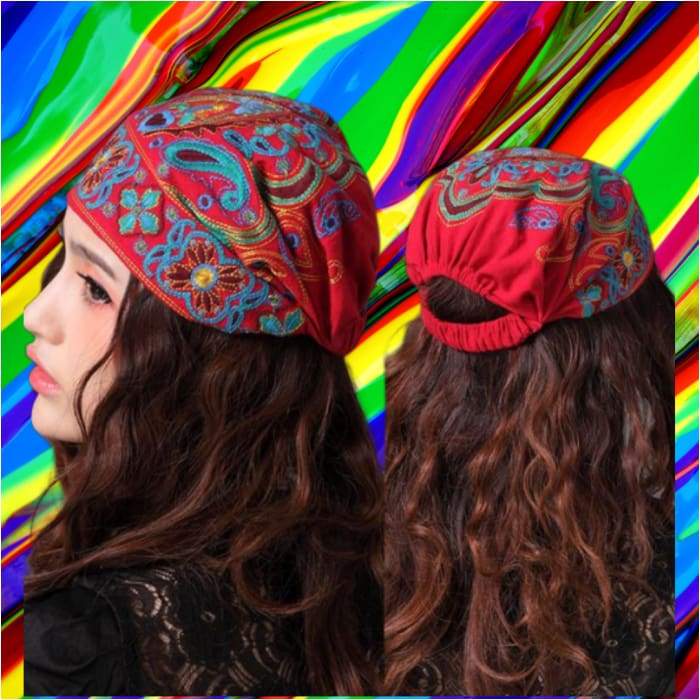 Vintage 70s ethnic red embroidery cap for woman great hat for a festival-J and p hats -