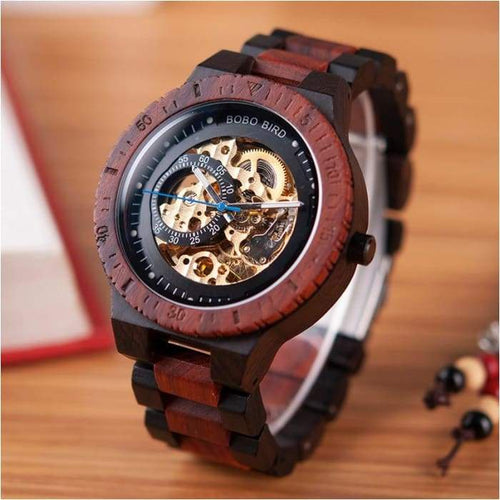 Wooden Watches Men Automatic Mechanical Wristwatch Waterproof   in Gift Wood Box-J and p hats -